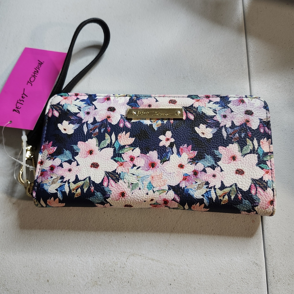 Betsey Johnson Navy Floral Wristlet Wallet with Pink Accents
